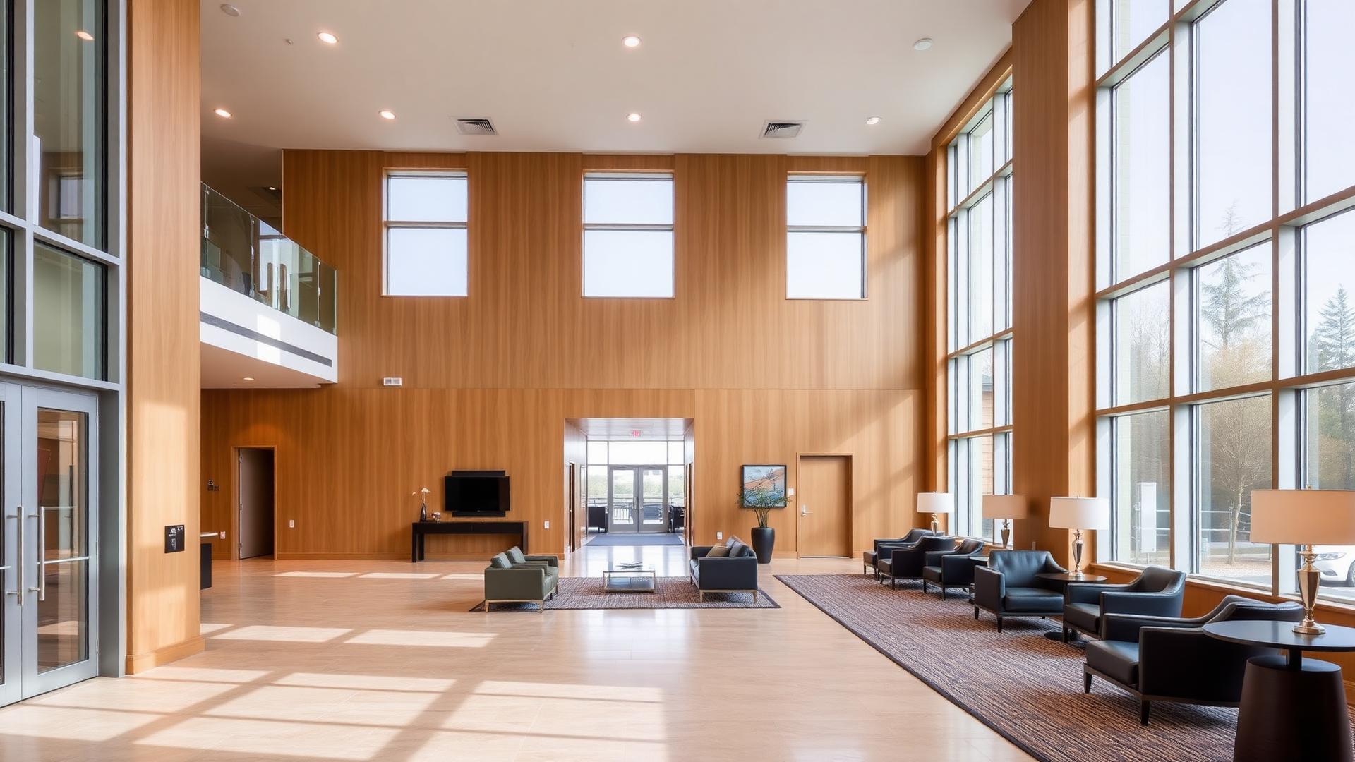 Rendering of a residential lobby entrance with travertine walls and a suspended light canopy