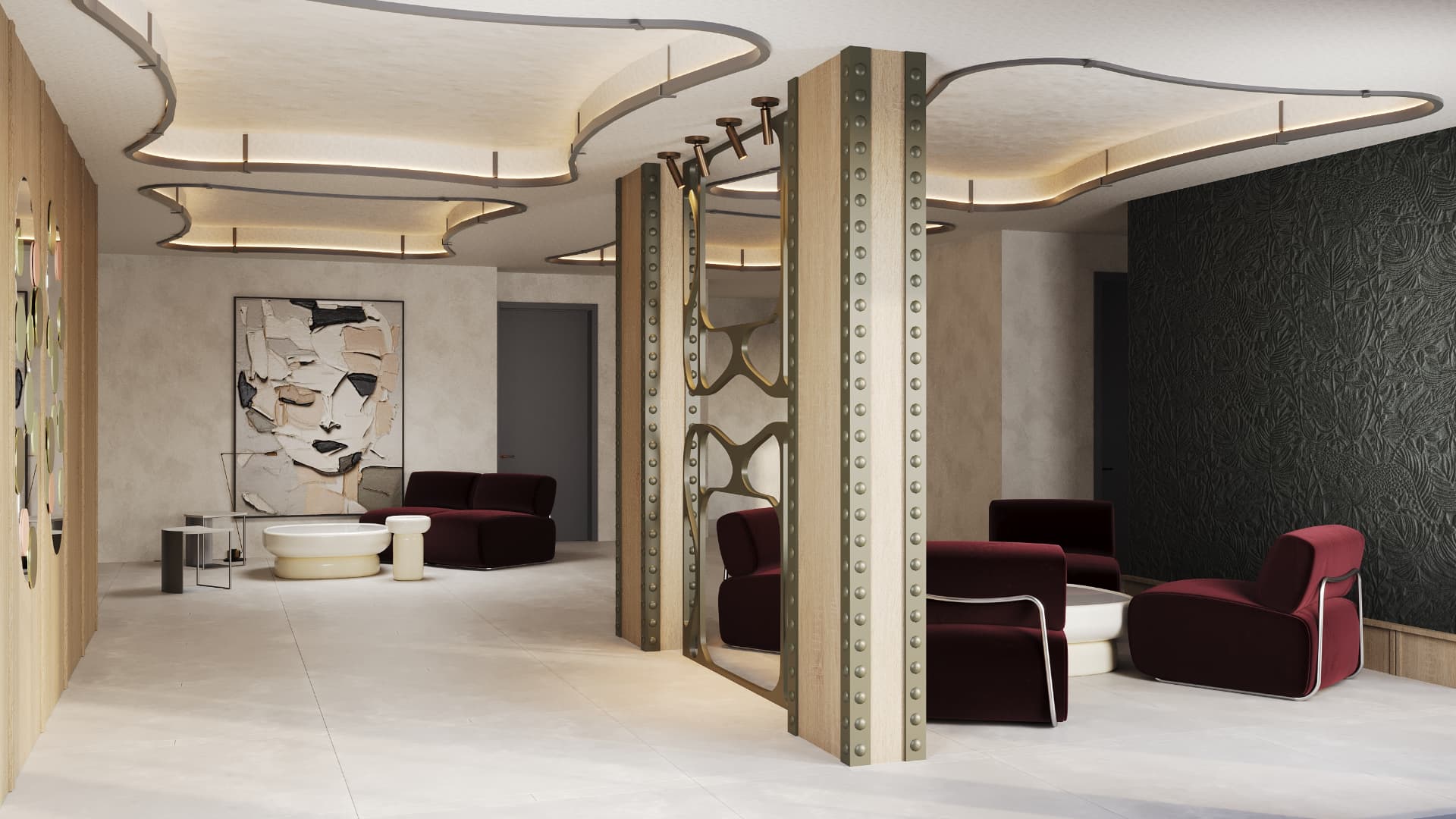 21 Charles Place — lobby with sculpted illuminated ceiling and burgundy seating